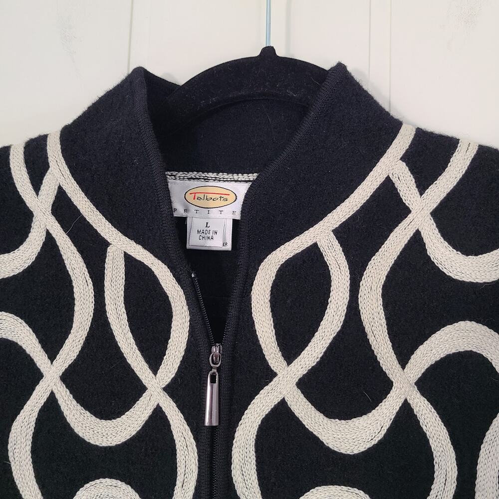 Talbots Black Wool Full Zip Sweater Cardigan Cream Geometric Embroidery LP - Picture 7 of 11